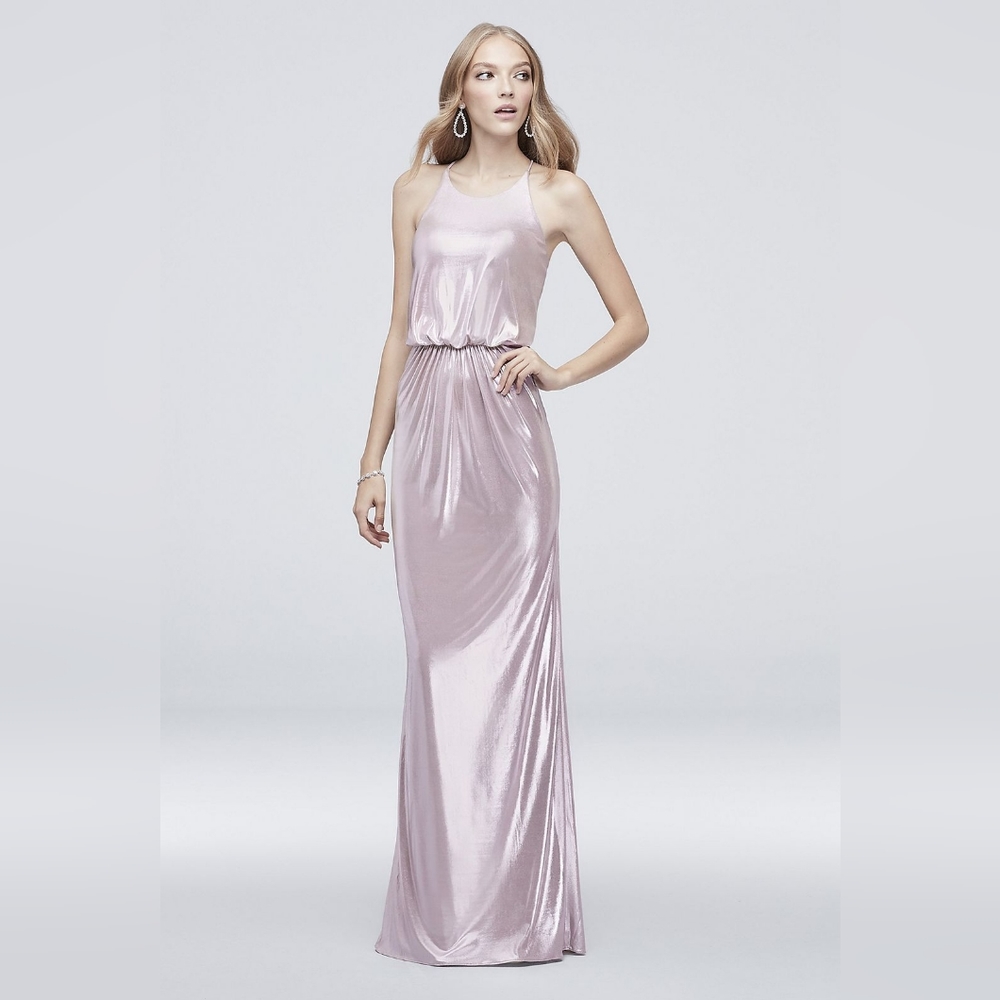 David's Bridal foiled jersey high-neck blouson dress